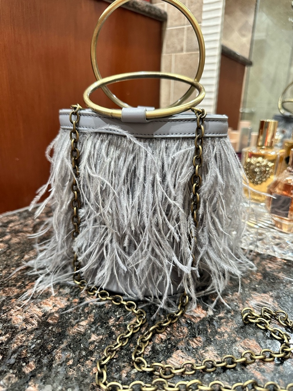 Blue-Gray Feather-Trim Bucket Bag with Gold Ring Handles